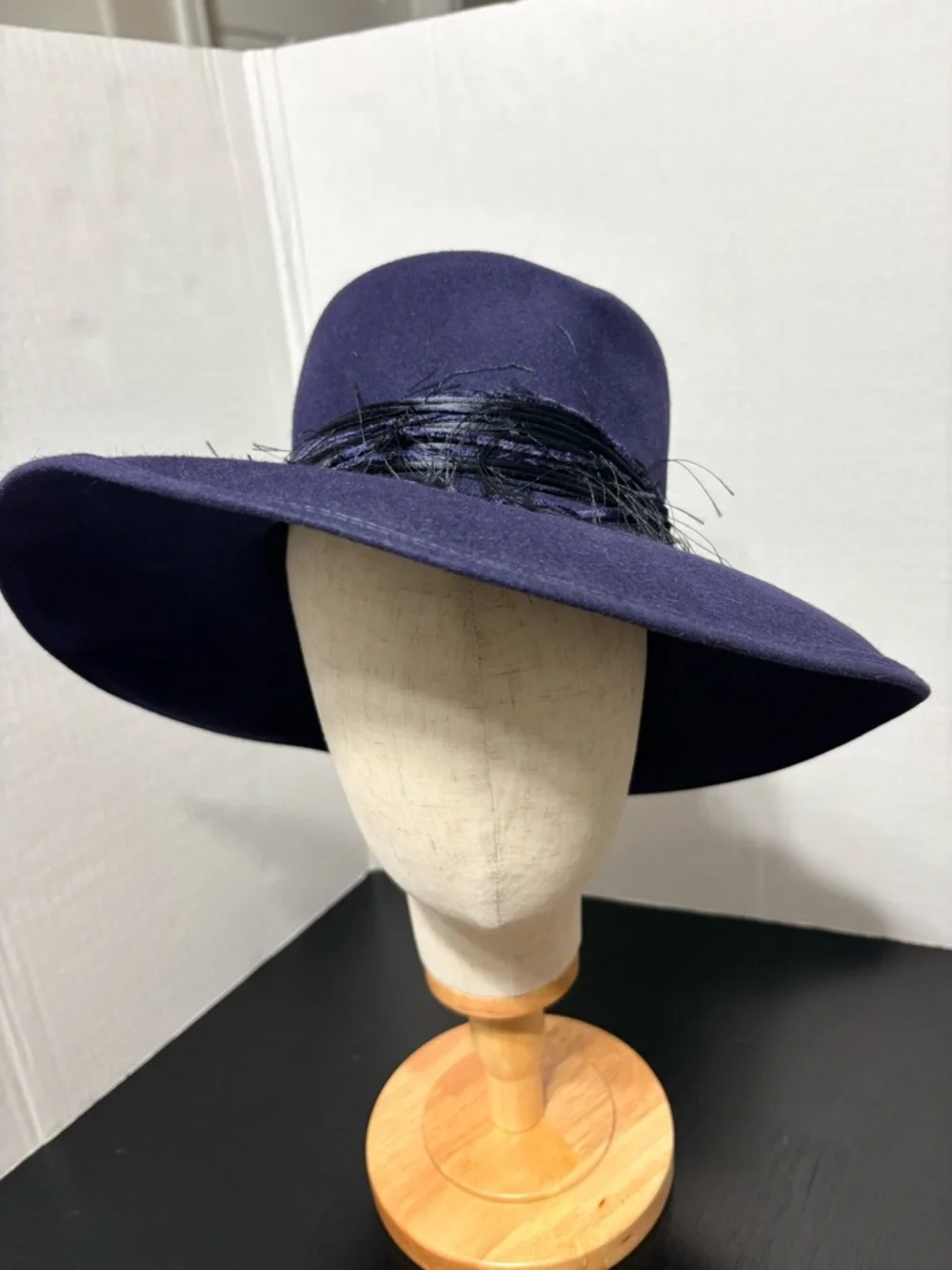 Patricia Underwood Navy Wide-Brim Wool Fedora Hat with Black Decorative Band